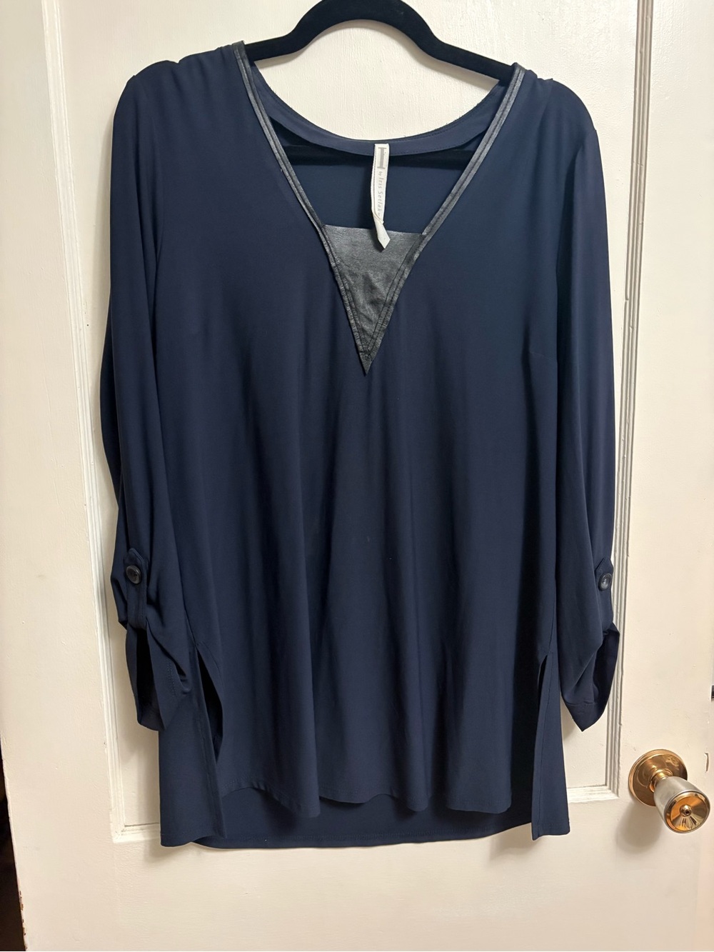 Iris Setlakwe Navy V-Neck Blouse with Real Leather Trim